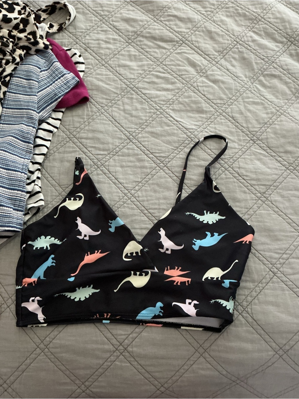 Black Cropped Tank Top with Multicolor Dinosaur Print